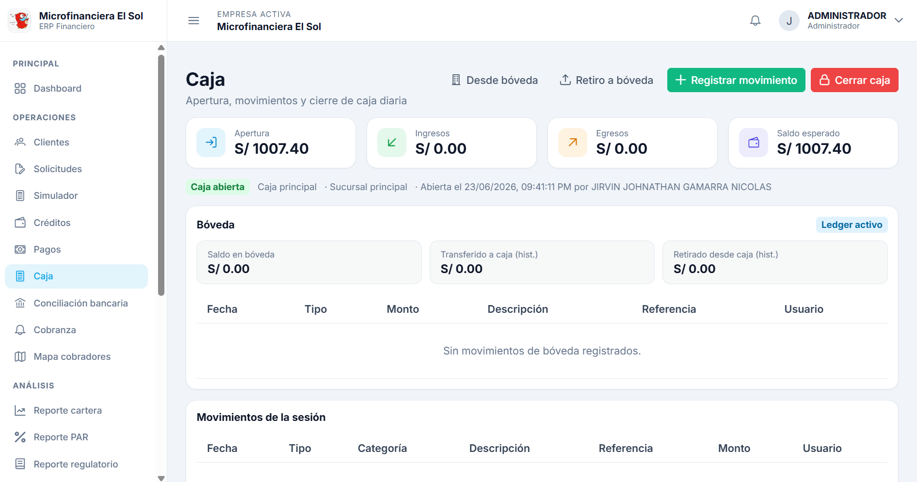 Módulo de caja con arqueo, moneteo y movimientos del día